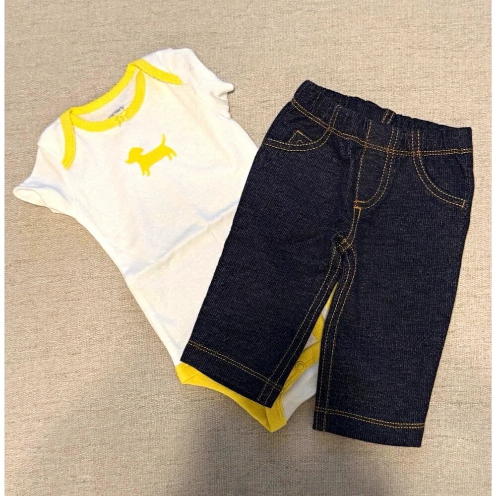 Carter's 3 Months 2-Piece Dog Print Bodysuit & Denim Pants Set Short Sleeve